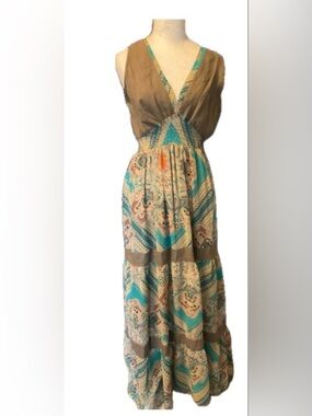 Eva Tralala Paris Vintage Style tiered  Paisley Maxi Dress in Teal and Brown